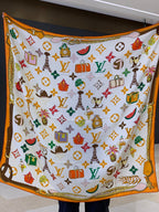 LV Scarf 135cm White Orange Multicolor Cashmere Mulberry Silk 976762
