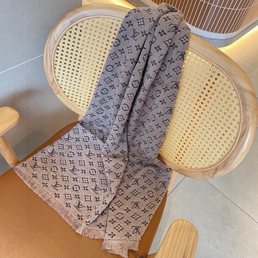 LV Scarf 180cm Beige Black Cashmere 973414