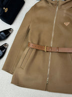 Prada 25 Mid-length Hooded Coat Camel Brown Wool 637354
