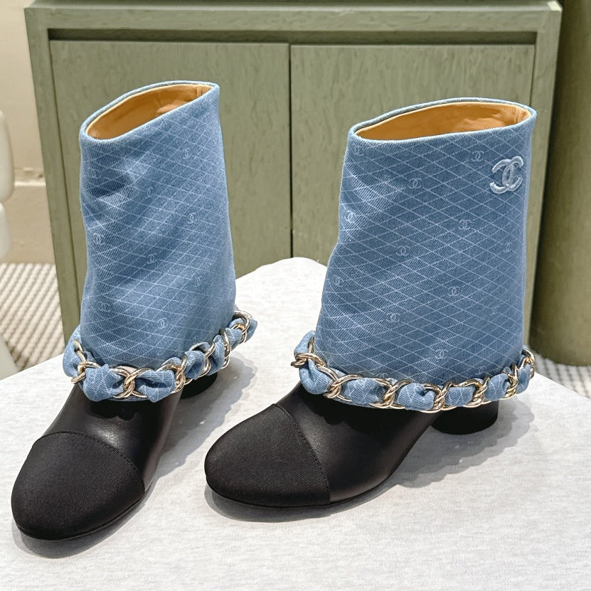 CC 25 Short Boot Blue Black Denim Fabric Calfskin 515265