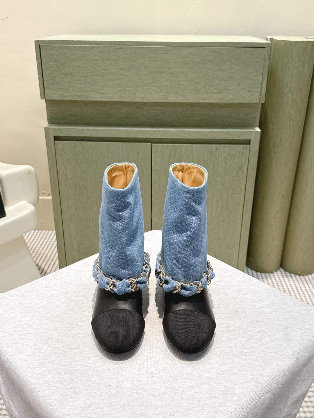 CC 25 Short Boot Blue Black Denim Fabric Calfskin 515265