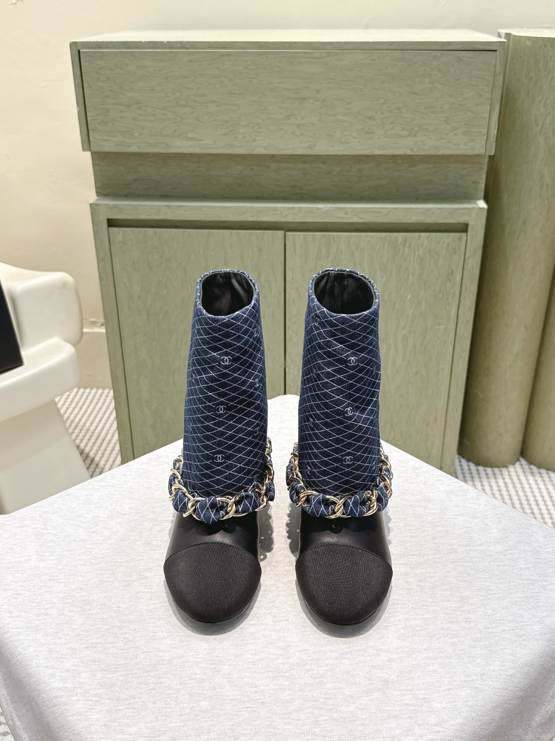 CC 25 Short Boot Navy Blue Black Denim Fabric Calfskin 515266