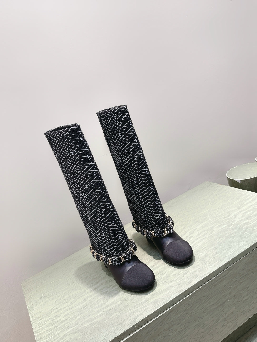 CC 25 Long Boot Black Denim Fabric Calfskin 515272