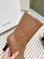 The Row 2025 Chunky Heel Round Toe Ankle Boot Brown Leather 572086