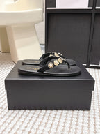 CC 26s Thong Sandals Black Sheepskin Gold Charm 632369
