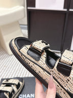 CC 26s Sandals Black Beige Leather Raffia 632400