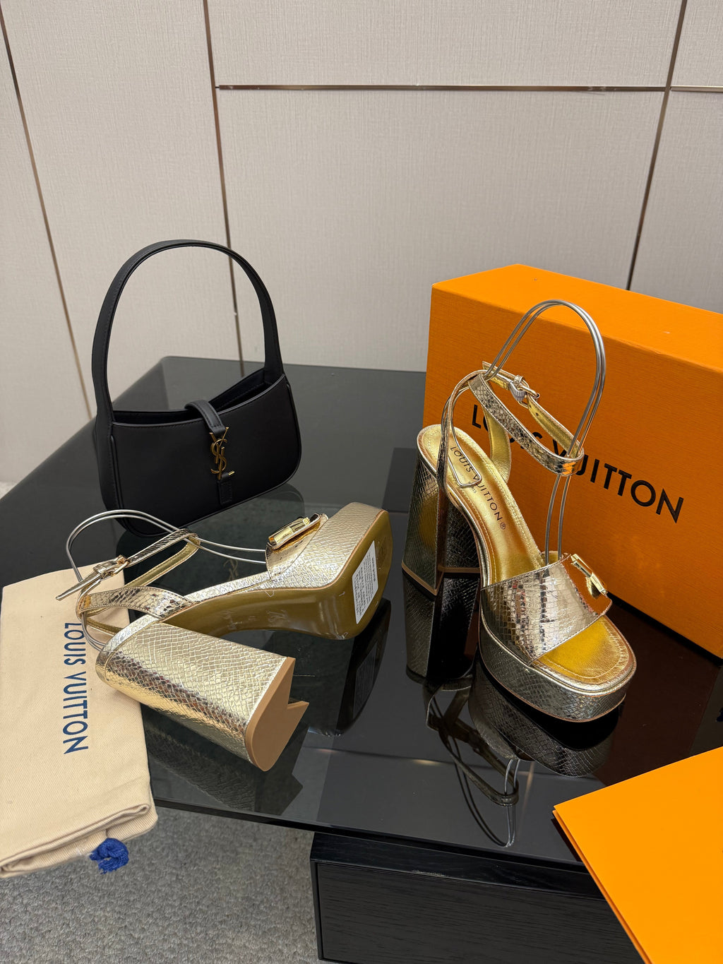 LV 26ss Platform Sandals 110 Metallic Gold Embossed Snakeskin Leather 629612