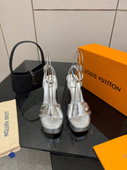 LV 26ss Platform Sandals 110 Metallic Silver Embossed Snakeskin Leather 629614