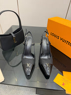 LV 26ss Slingback 90 Black Patent Leather Suede 629642