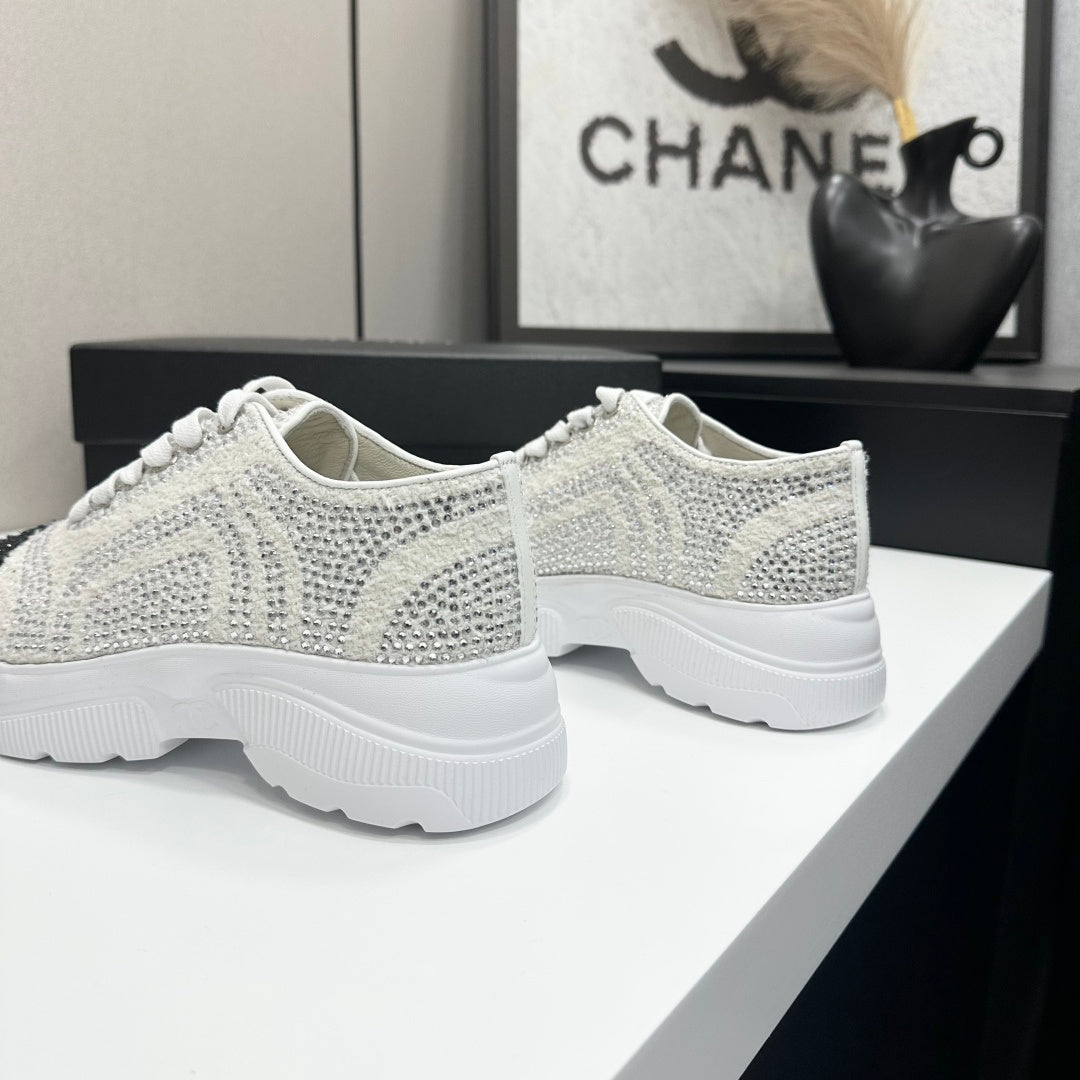 CC 26s Casual Sneakers Rhinestones Ivory Black Mesh Sheepskin 626361
