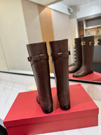 Valentino 25 Garavani Vlogo Signature Round Toe Brown Chocolate Calfskin Boots 505542