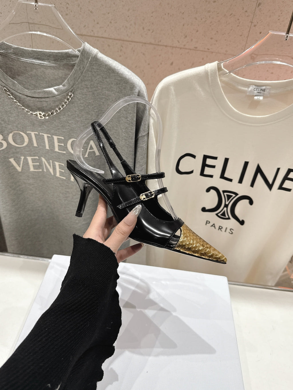 Celine 25C Judy Double Strap Mary Jane Slingback Black mix Gold Sheepskin 236775