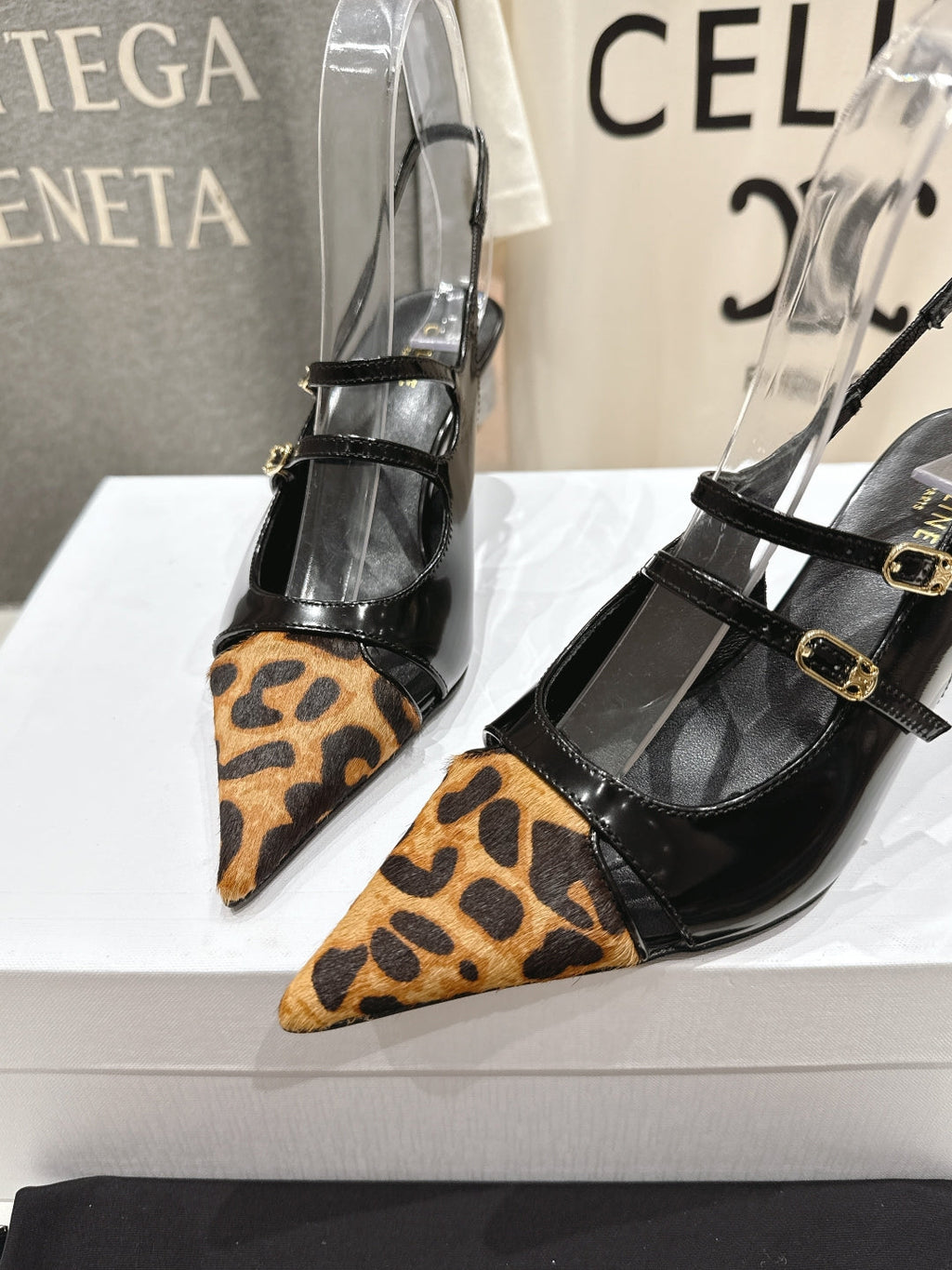 Celine 25C Judy Double Strap Mary Jane Slingback Black mix Brown  Sheepskin 236777