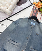 Prada 2025 Three-button Triangle Logo Denim Cropped Jacket Blue Cotton