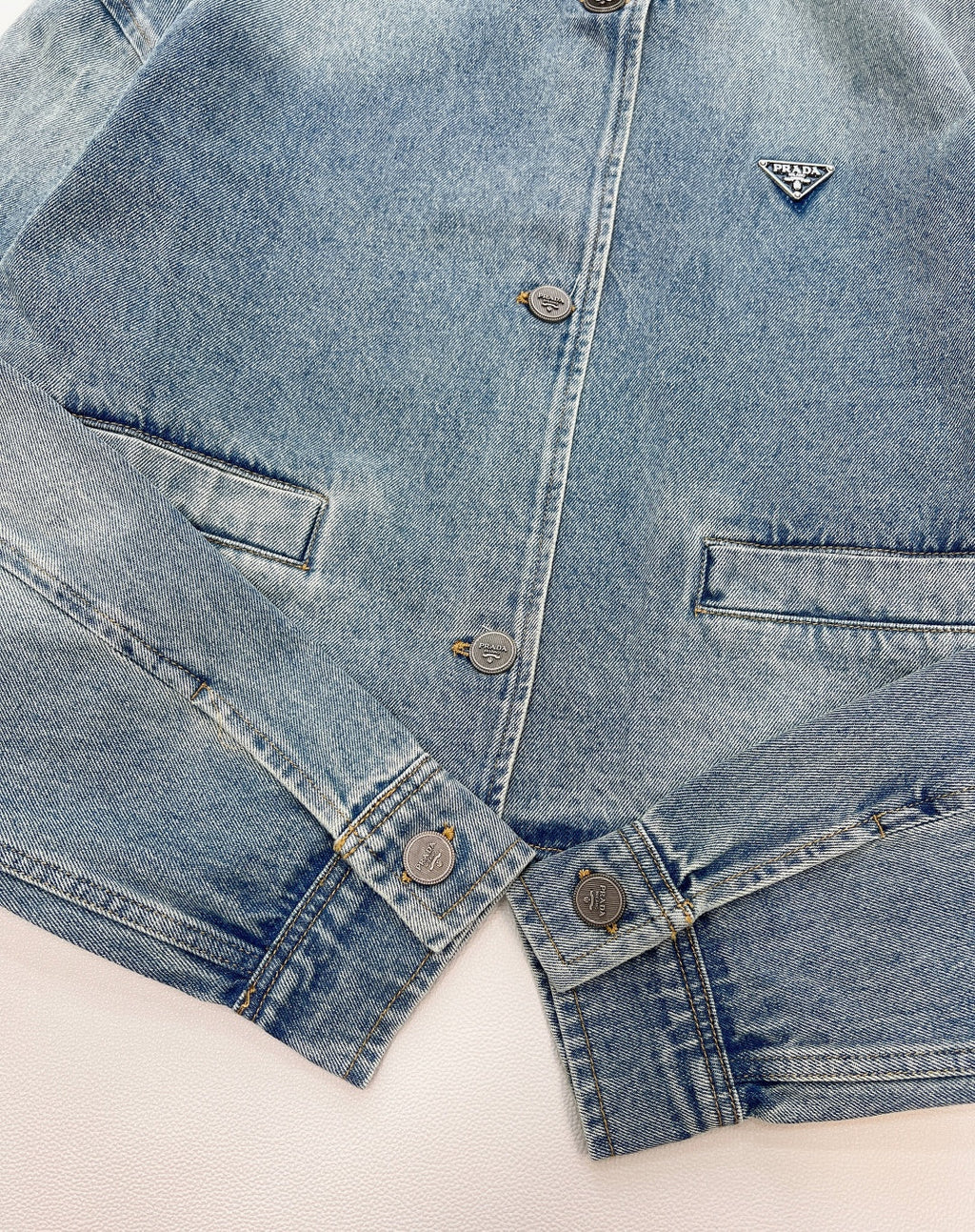 Prada 2025 Three-button Triangle Logo Denim Cropped Jacket Blue Cotton