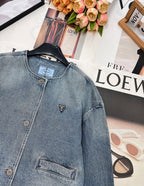 Prada 2025 Three-button Triangle Logo Denim Cropped Jacket Blue Cotton