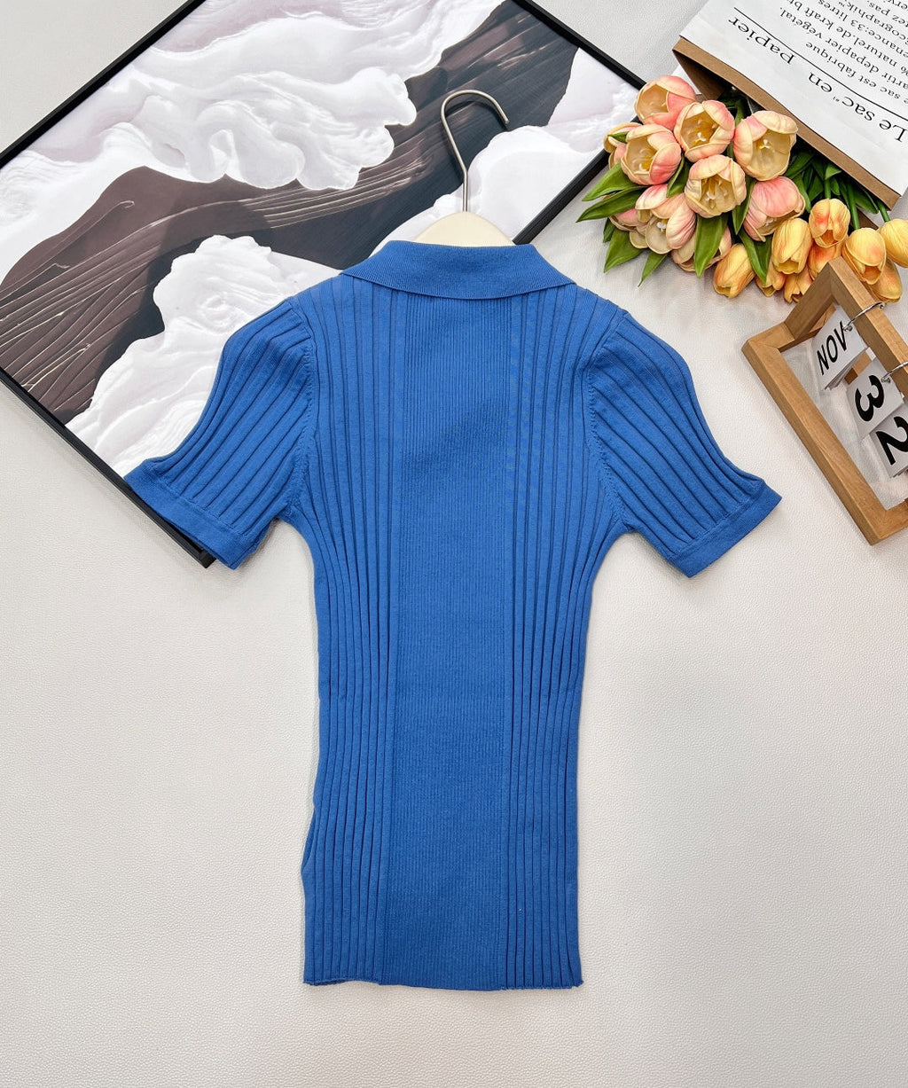 Miumiu 2026 Collared Logo Short-Sleeve Knit Top Blue Cotton