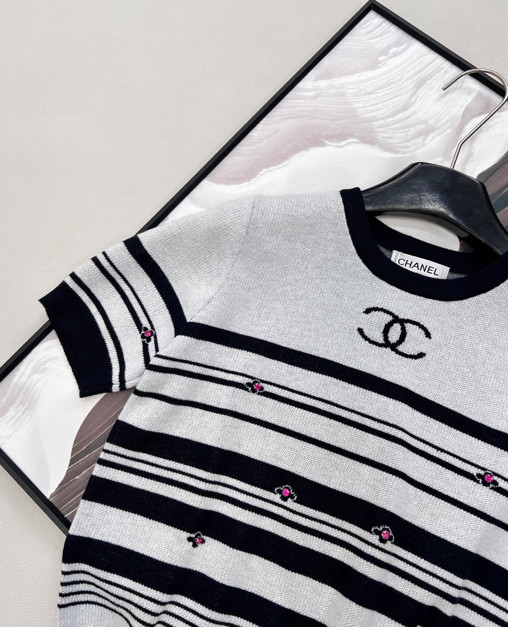 Chanel 2026 Striped Knit Short-Sleeve Top Black White Wool Nylon