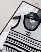 Chanel 2026 Striped Knit Vest Black White Wool Nylon