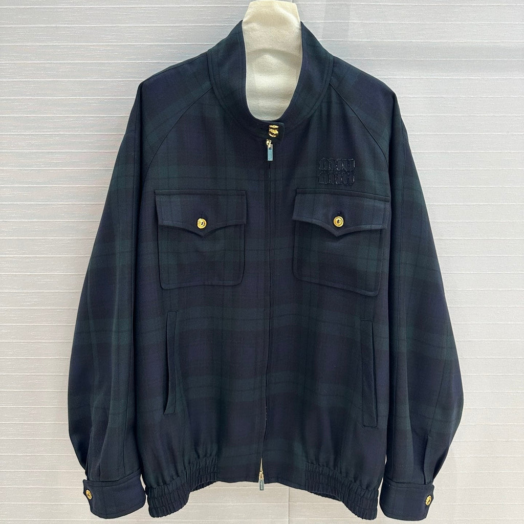 Miu Miu Plaid Drop Shoulder Jacket Green Blue Wool