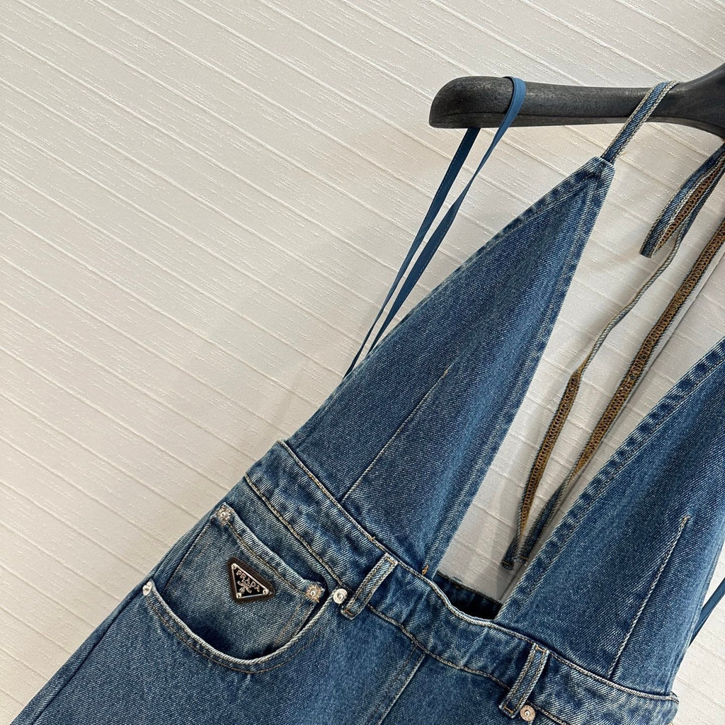 Prada 25 Halter Ntube Top Suspender Jumpsuit Blue Cotton