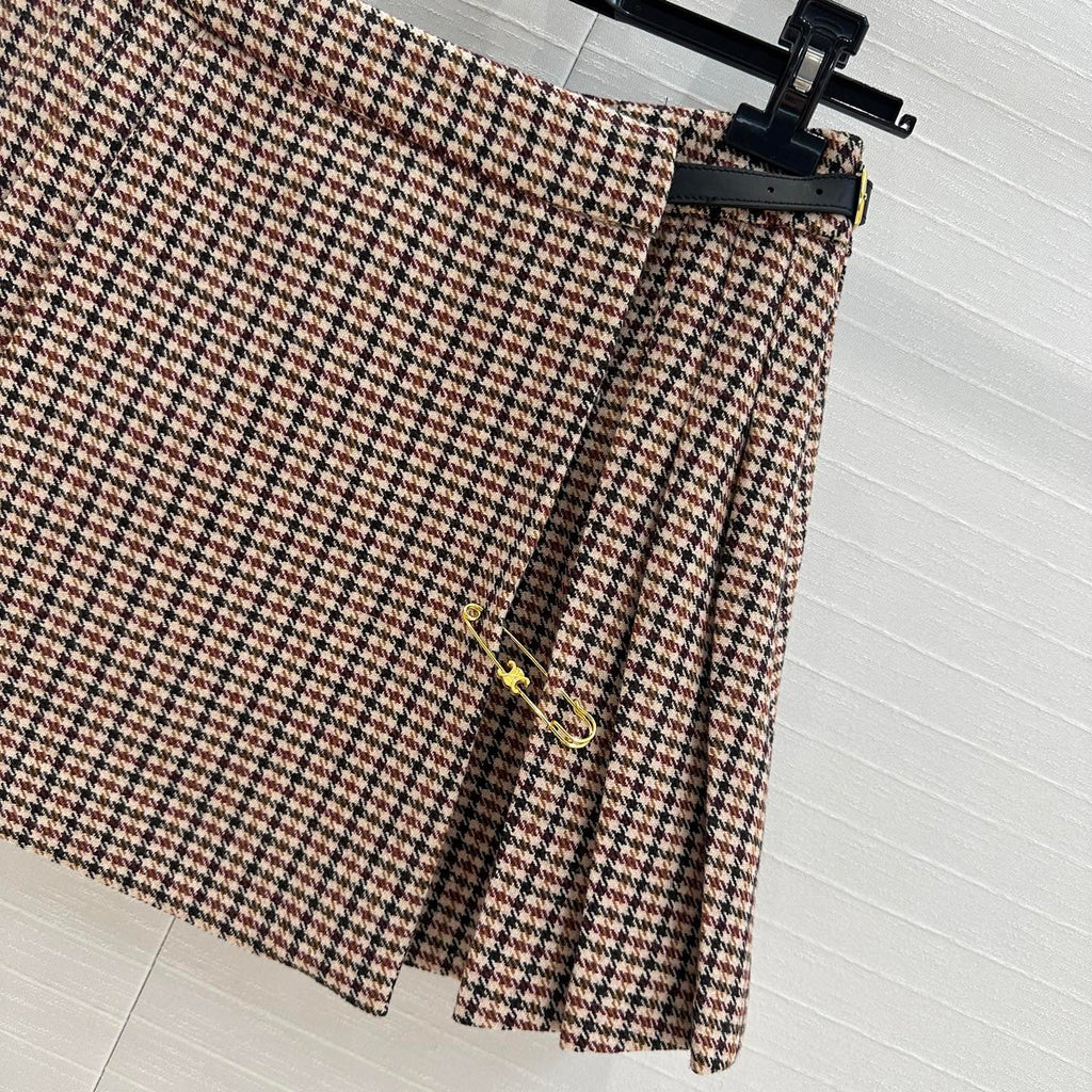 Celine Pleated Skirt Brown Wool Cotton Polyester