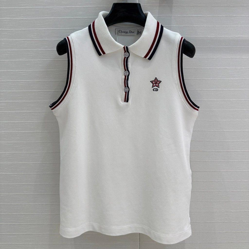 CD Polo Collar Vest Top White Cotton