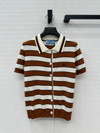 Prada 25 Striped Short-sleeved Knitted Cardigan Brown white Cotton