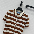 Prada 25 Striped Short-sleeved Knitted Cardigan Brown white Cotton