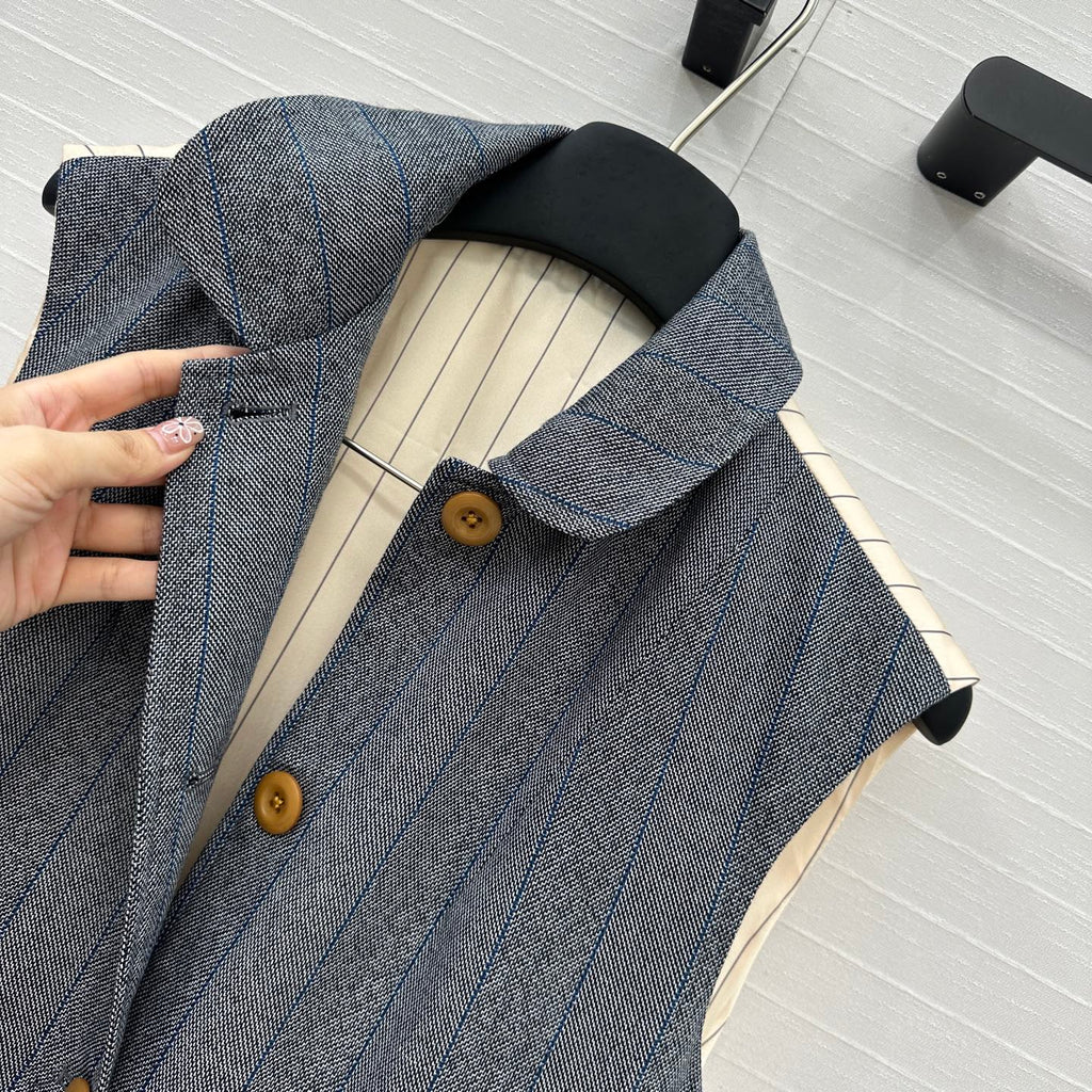Prada 25 Striped Vest Jacket Grey Wool Cotton Polyester