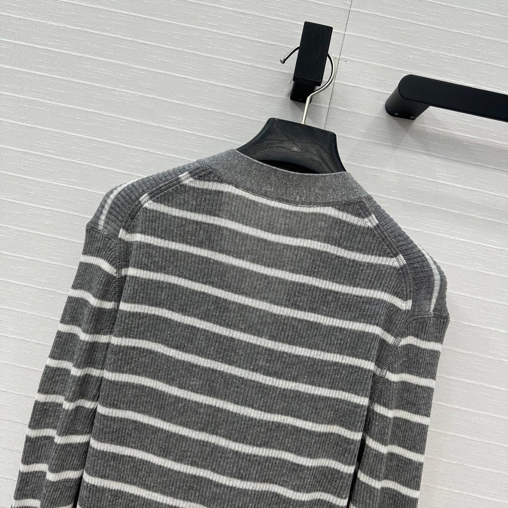 CD 25 Striped Cardigan Gray mix White Linen Cashmere