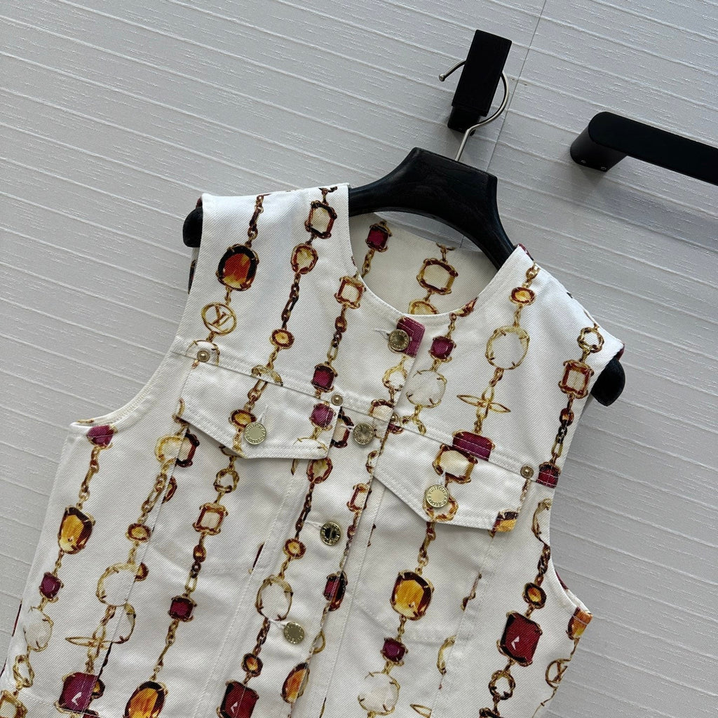 LV 25 Classic Elements Colorful Gemstone Necklace Vest White Cotton