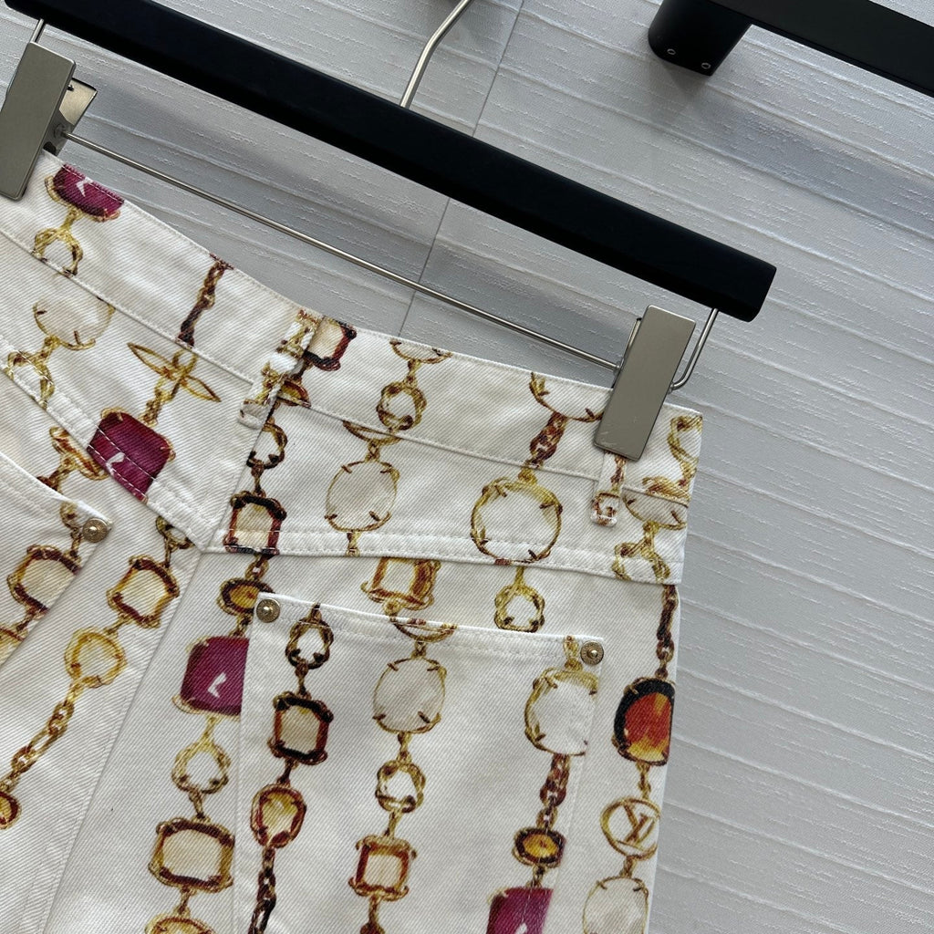 LV 25 Bourgoise Series Printed Zipper Denim Shorts White Cotton