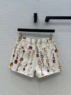 LV 25 Bourgoise Series Printed Zipper Denim Shorts White Cotton