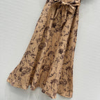 CD 25 Floral Print V-neck Long Skirt Beige mix Dark Brown Linen
