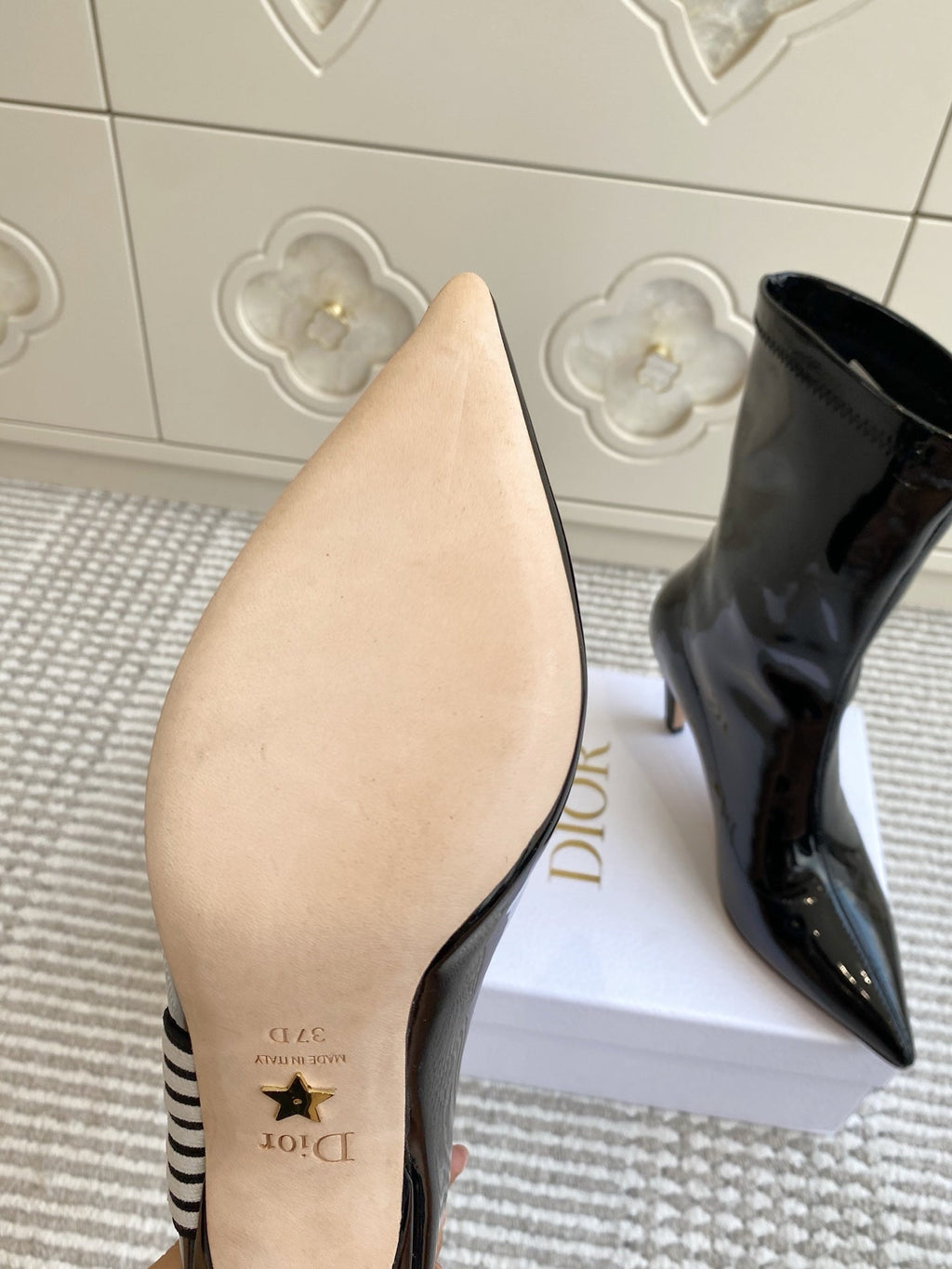 Dior 2025 Tribales Heeled Ankle Boot 80mm Black White Patent Leather 501197