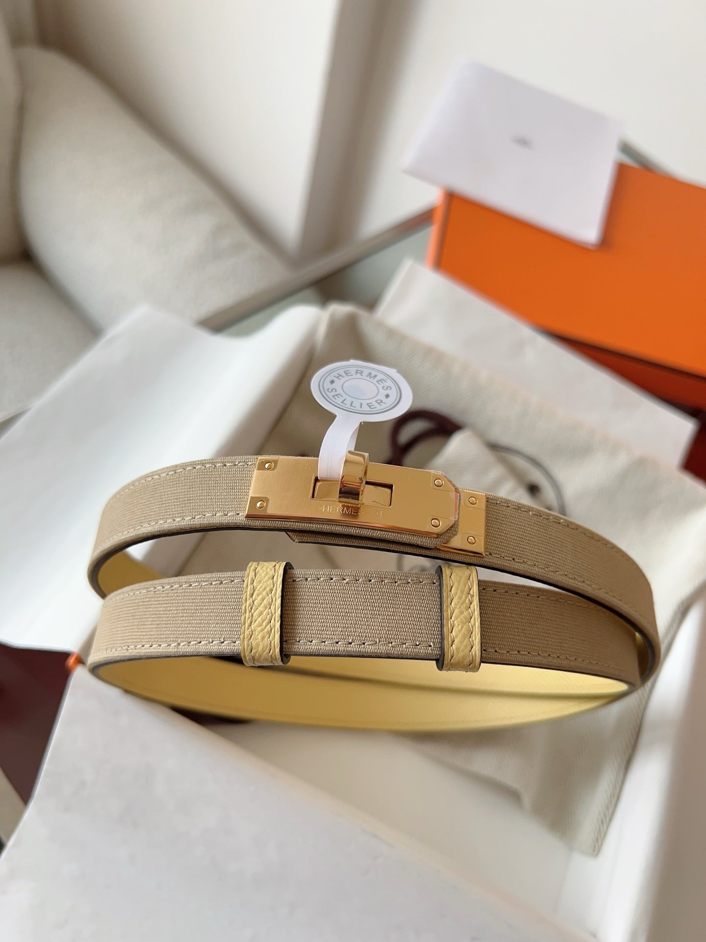 HM Kelly Belt 18mm Beige Canvas Epsom Leather Pink Gold Buckle
