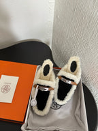 HM Oz Mule Black Mix White Suede Lined With Wool Fleece 961091