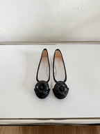 Ballet Flats White Lace Mesh Black Grosgrain Flower