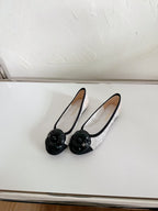 Ballet Flats White Lace Mesh Black Grosgrain Flower