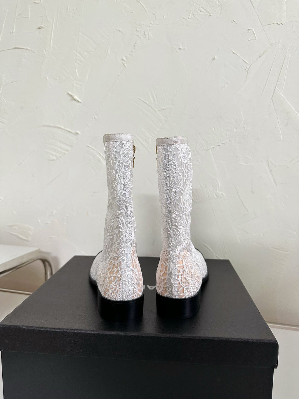 CC Boots Flower White Lace Mesh Black Grosgrain