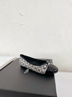 Ballet Flats White Cloth Black Patent Calfskin
