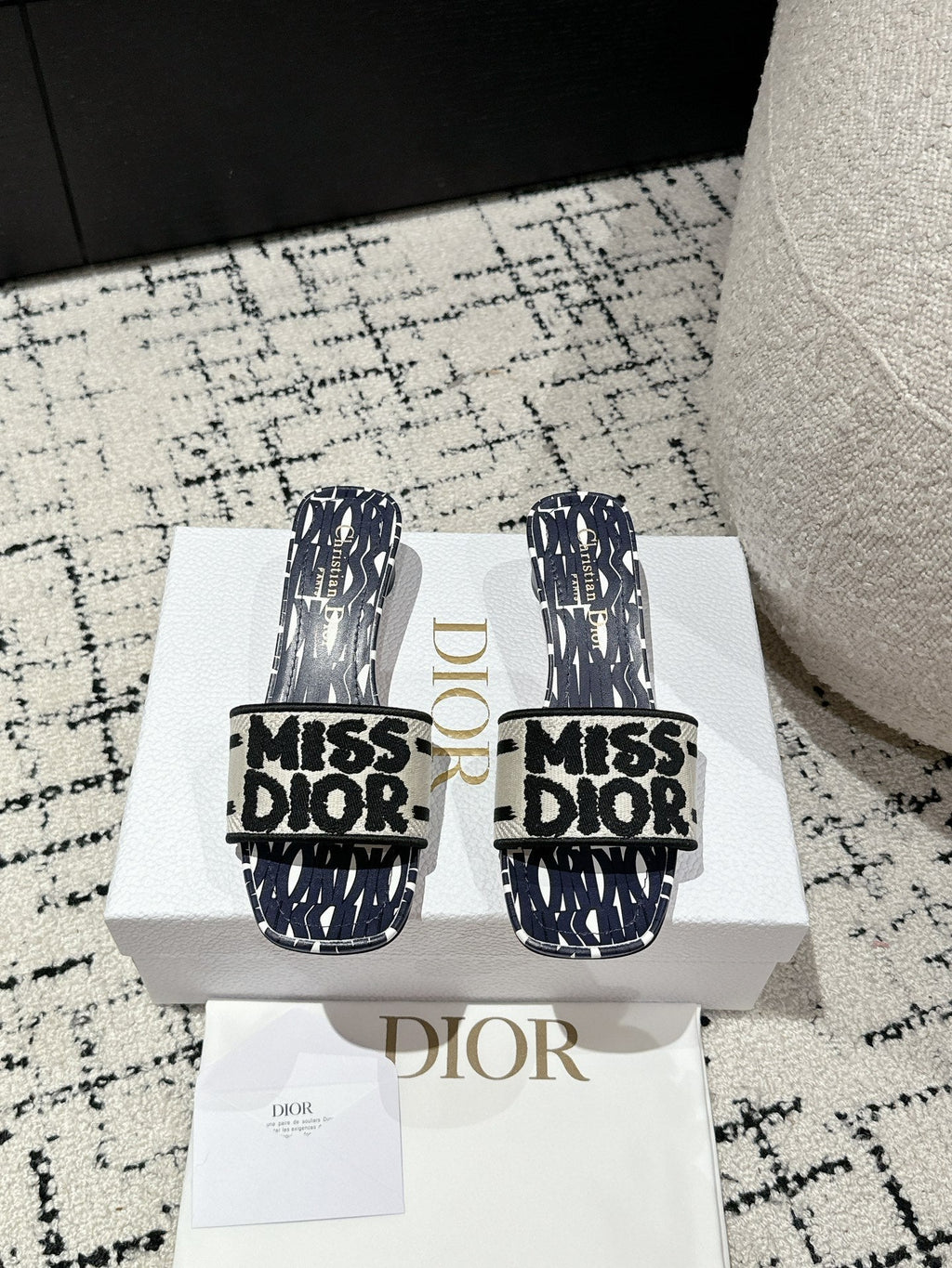 CD Dway Heeled Slide Deep Blue Mix Black White Embroidered Cotton