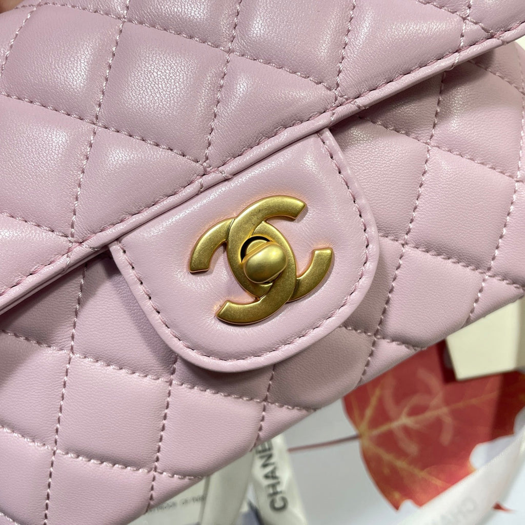 CC 25P Mini Flap Bag 20cm Top Handle Pink Calfskin Gold Hardware