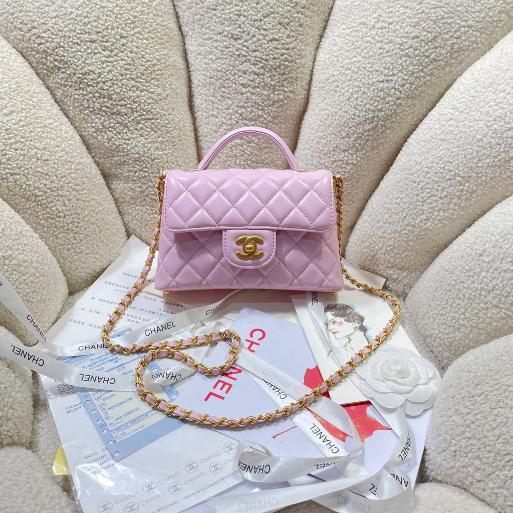 CC 25P Mini Flap Bag 20cm Top Handle Pink Calfskin Gold Hardware