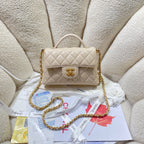 CC 25P Mini Flap Bag 20cm Top Handle Beige Calfskin Gold Hardware