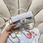 CC 25P Mini Flap Bag 22cm Top Handle Grey Calfskin Gold Hardware