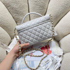 CC 25P Medium Flap Bag 25cm Top Handle Grey Calfskin Gold Hardware