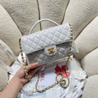 CC 25P Medium Flap Bag 25cm Top Handle Grey Calfskin Gold Hardware