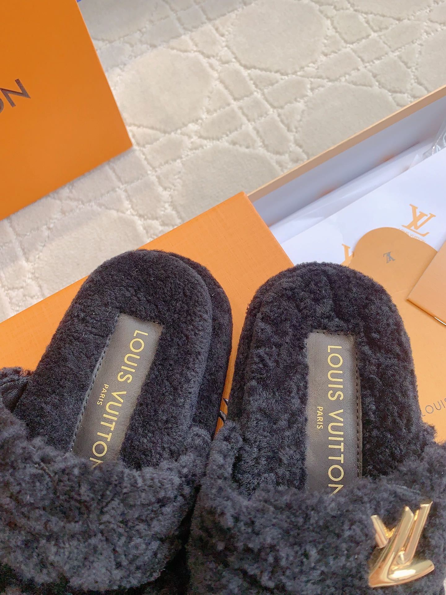 LV Sunset Platform Comfort Mule Black Gray Wool